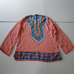 Tolani Shirt Womens Large Orange Multicolor Silk Boho Tunic Ikat Top Blouse